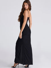 Black Mesh V-neck Strappy High Slit Maxi Dress