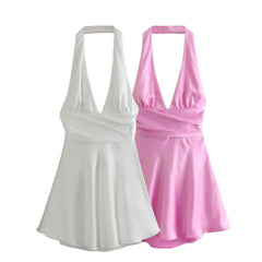 Satin Deep Neck Halter Frill Mini Dress - Free From Label