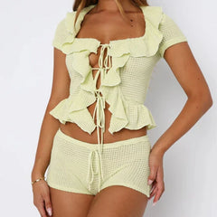 Ruffles Tie-Up Front Short Sleeve Crochet Tops And Shorts Set