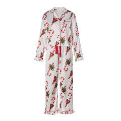 Satin Christmas Ruffle Trim Long Sleeve Shirt And Pants Pajama Set