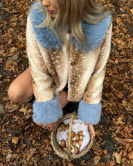 Deer Print Blue Faux Fur Cropped Jacket