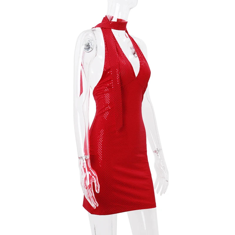 Red Sequin Deep V-neck Halter Bandage Mini Dress