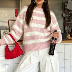 Striped Fuzzy Crew Neck Sweater