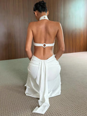 Halter Neck Backless Hollow Out Back Tie‑Up Ruffle Hem Mermaid Midi Dress