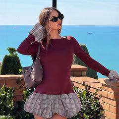 Long Sleeve Plaid Patchwork Mini Dress