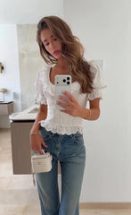 White Puff Sleeve Button-Down Ruffled Corset Blouse