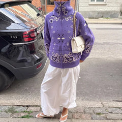 Paisley Knitted Zipper Stand Collar Cardigan Sweatshirt