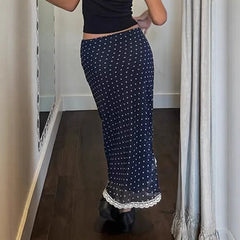 Blue Polka Dot Lace Trim Midi Skirt