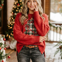 Fuzzy Plaid Christmas Tree Crew Neck Pullover