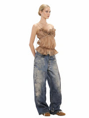 Brown Ruffle Camisole Sheer Strappy Top