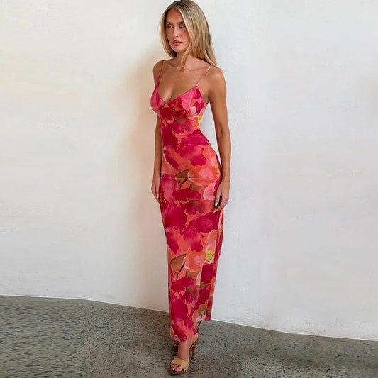 Floral Print Deep V Neck Sleeveless Maxi Dress
