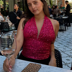 Sequin Halter Tie Up Crop Top