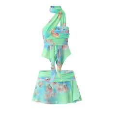 Green Tie-dye Print Chiffon Halter Tank Top And Mini Skirt Set