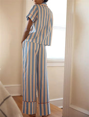 Striped Button Down Shirts And Wide Leg Lounge Pants Set