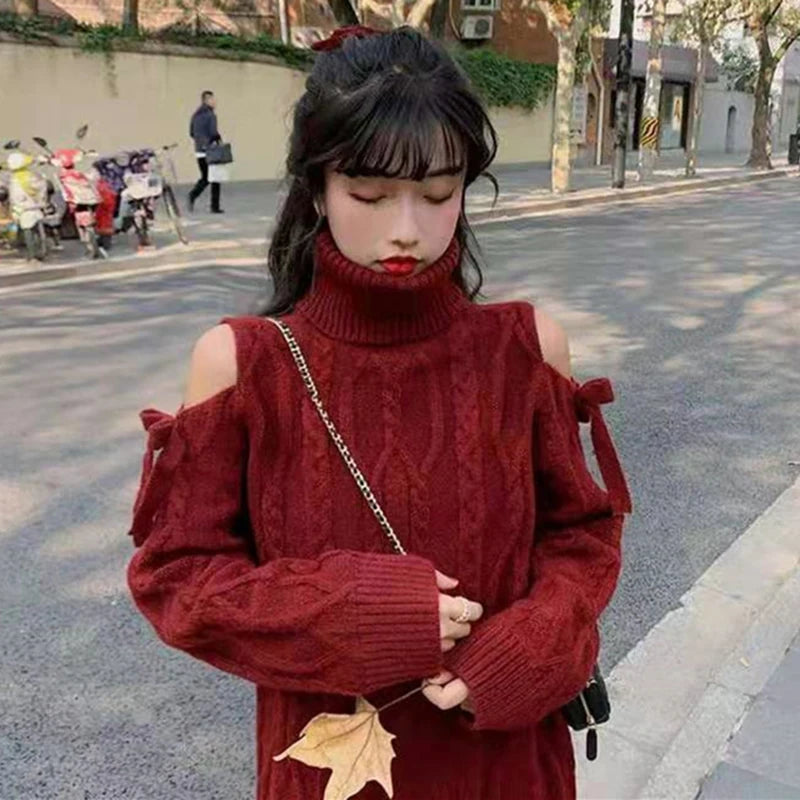 Red Cabel Knit Shoulder Hollow Out Sweater