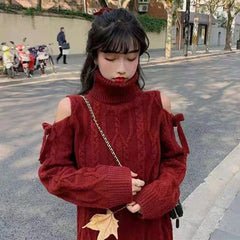 Red Cabel Knit Shoulder Hollow Out Sweater - Free From Label