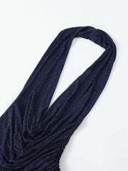 Blue Cowl Neck Diamonds Ruched Long Dress