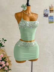 Green Sequin Patch Halter Top And Skort Set