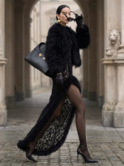 Lace Halter Neck Fur Trim Patchwork Side Split Midi Dress