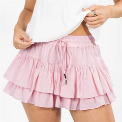 Pink tiered skirt worn by a person 