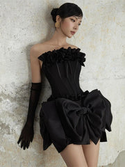 Bow Patchwork Ruffle Corset And Mini Skirt Two Piece Set