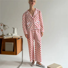 Red Heart Print Shirt And Pants Pajama Set