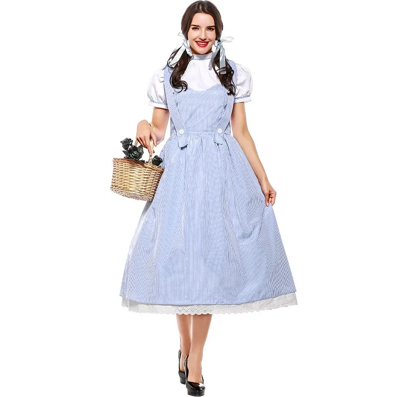 “Dorothy Wizard of Oz costume blue gingham dress with apron and puff sleeves”