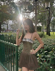 Brown Lace Trim Mini Dress