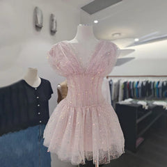 Sequin Tulle V-neck Mini Dress