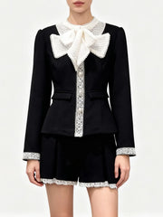Black Lace Bow Quilted Short Blazer And Skirt Set