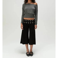 Ring Wasit Details Wide Leg Capri Pants