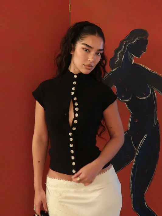 Black Turtleneck Short Sleeve Button Top