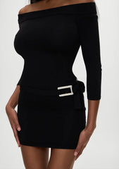 Black Knitted Off-Shoulder Full Sleeve Belt Mini Dress