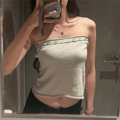 Ribbed Shell Buttons Trim Tube Top