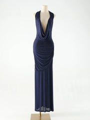 Blue Cowl Neck Diamonds Ruched Long Dress