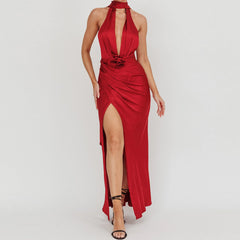 Satin Long Halter 3D Flower Split Long Dress