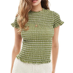 Round Neck Gingham Smocked Short Sleeve Top