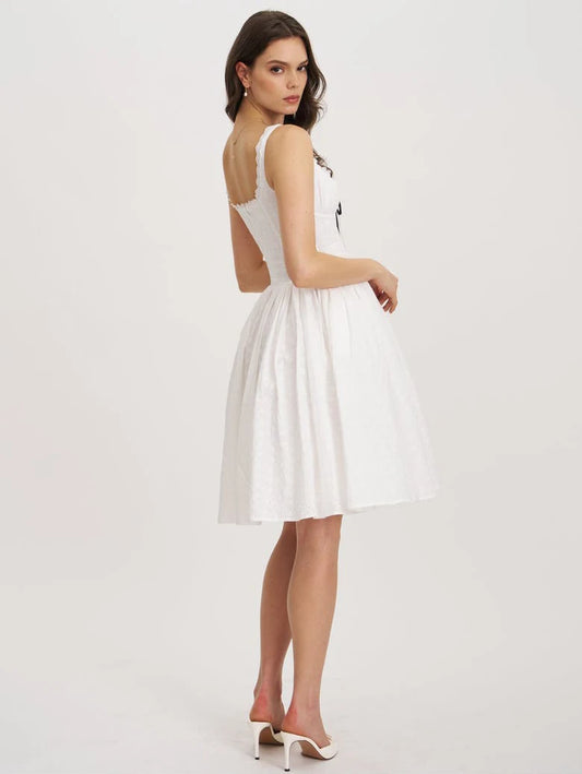 White Lace Trim Ribbon Bow Front A-Line Mini Dress