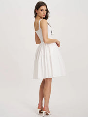 White Lace Trim Ribbon Bow Front A-Line Mini Dress