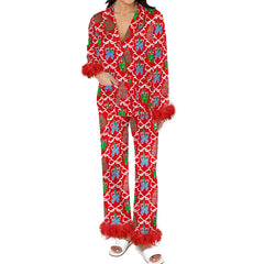 Christmas Satin Fur Trim Button-down Shirt And Pants Pajama Set