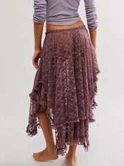 Lace Ruffle Sheer Asymmetrical Hemline Midi Skirt