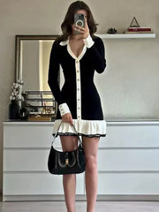 Ruffled Long Sleeve Contrast Buttoned Mini Dress