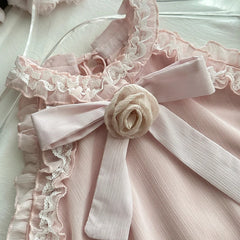 Pink Sleeveless Tank Lace Trim Bow Mini Dress