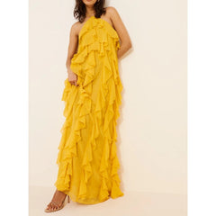 Sleeveless Ruffle Tie-up Halter Neck Long Dress