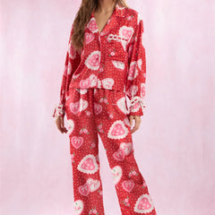 Heart Print Satin Long Sleeve Button Shirts And Pants Pajama Set