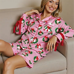 Christmas Print Button Up Long Sleeve Top and Shorts Pajamas Sets