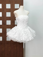 Strapless 3D Flower Appliques Frill Mini Dress