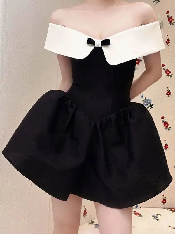 Black Off-Shoulder Contrast Collar Mini Dress