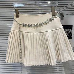 Solid Pleated Mini Skirt With Butterfly Chain Free From Label