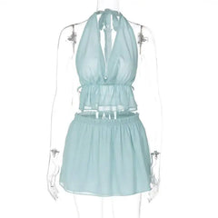 Blue Mesh Open Back Halter Crop Top And Mini Skirt Set